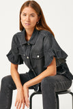 H5588W Black Denim Plus Ruffle Stonewash Denim Jacket Gif