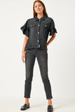 H5588W BLACK DENIM Plus Ruffle Stonewash Denim Jacket Back