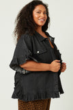 H5588W BLACK DENIM Plus Ruffle Stonewash Denim Jacket Front