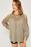 H5917 Womens Sheer Tie-Front Peasant Top Front