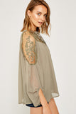 H5917 Womens Sheer Tie-Front Peasant Top Front