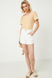 H6355W White Denim Plus High Waist Roll Up Denim Short Front