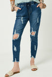 H6423W Dark Denim Side Plus Distressed Drawstring Denim Jeans Full Body