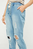 H6423 Dark Denim Womens Distressed Drawstring Denim Jeans Front