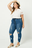 H6423W Dark Denim Front Plus Distressed Drawstring Denim Jeans Front