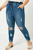 H6423W Dark Denim Detail Plus Distressed Drawstring Denim Jeans Detail