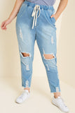 H6423 Mid Denim Womens Distressed Drawstring Denim Jeans Front