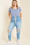 H6423 Mid Denim Womens Distressed Drawstring Denim Jeans Gif