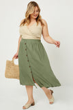 H6509 Vanilla Womens Button-Down Linen Blend Midi Skirt Front