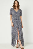 H7411 Navy Womens Floral Ruched Waist Maxi Dress Front 2