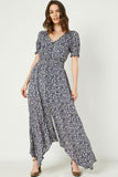 H7411W Navy Plus Floral Ruched Waist Maxi Dress Detail