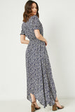 H7411W Navy Plus Floral Ruched Waist Maxi Dress Back