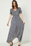 H7411W Navy Plus Floral Ruched Waist Maxi Dress Full Body