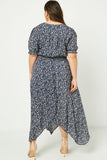 H7411 Navy Womens Floral Ruched Waist Maxi Dress Pose