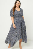 H7411 Navy Womens Floral Ruched Waist Maxi Dress Back