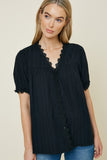 H7685W Black Plus Lace Button-Down Top Gif