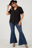 H7685W Black Plus Lace Button-Down Top Front