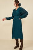 HB0025 Teal Womens Pleate Swiss Dot Surplice Dress Front