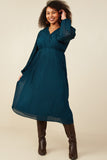 HB0025W Teal Plus Pleated Swiss Dot Surplice Dress Full Body