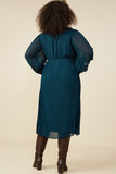 HB0025W Teal Plus Pleated Swiss Dot Surplice Dress Front