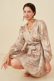 HB0035W Taupe Plus Abstract Print Belted Satin Wrap Dress Front