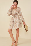 HB0035 Taupe Womens Abstract Print Belted Satin Wrap Dress Gif