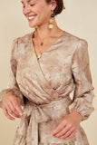 HB0035 Taupe Womens Abstract Print Belted Satin Wrap Dress Full Body