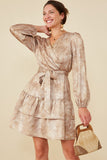 HB0035 Taupe Womens Abstract Print Belted Satin Wrap Dress Back