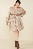 HB0035 Taupe Womens Abstract Print Belted Satin Wrap Dress Front