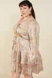 HB0035W Taupe Plus Abstract Print Belted Satin Wrap Dress Gif