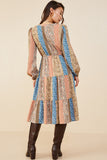 HB0037 Brown Mix Womens Print Blocked Button Detail Tiered Dress Detail