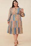 HB0037 Brown Mix Womens Print Blocked Button Detail Tiered Dress Front