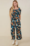 HB0186W Black Plus Romantic Floral Self Tie Wide Leg Jumpsuit Full Body