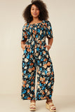 HB0186 Black Womens Romantic Floral Self Tie Wide Leg Jumpsuit Full Body