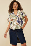 HB0191 Blue Mix Womens Foliage Print Elastic Detail V Neck Top Front