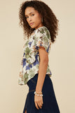 HB0191 Blue Mix Womens Foliage Print Elastic Detail V Neck Top Full Body