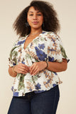 HB0191W Blue Mix Plus Foliage Print Elastic Detail V Neck Top Front