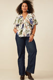 HB0191 Blue Mix Womens Foliage Print Elastic Detail V Neck Top Back