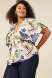 HB0191W Blue Mix Plus Foliage Print Elastic Detail V Neck Top Gif