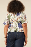 HB0191W Blue Mix Plus Foliage Print Elastic Detail V Neck Top Full Body