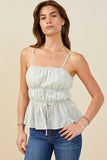 HB0257W Green Mix Plus Tie Detail Peplum Strappy Cami Front