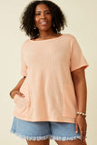 HDK1787 Light Grey Womens Waffle Knit Patch Pocket Short Sleeve Dolman Top Front