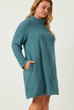 HDN4095 TEAL Womens Turtleneck Long Sleeve Brushed Knit Shift Dress Full Body