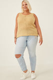 HDN4677 Mustard Womens Loose Knit Ribbed Button Back Tank Pose