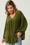 HDY5064 Olive Womens Puff Sleeve V Neck Knit Swiss Dot Top Front 2