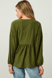 HDY5064W Olive Plus Puff Sleeve V Neck Knit Swiss Dot Top Full Body