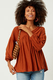 HDY5064 RUST Womens Puff Sleeve V Neck Knit Swiss Dot Top Detail