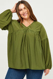 HDY5064 Olive Womens Puff Sleeve V Neck Knit Swiss Dot Top Front