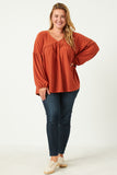 HDY5064 Rust Womens Puff Sleeve V Neck Knit Swiss Dot Top Gif