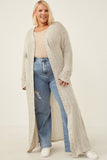 HDY6196 Oatmeal Womens Textured Stripe Loose Knit Side Slit Duster Full Body